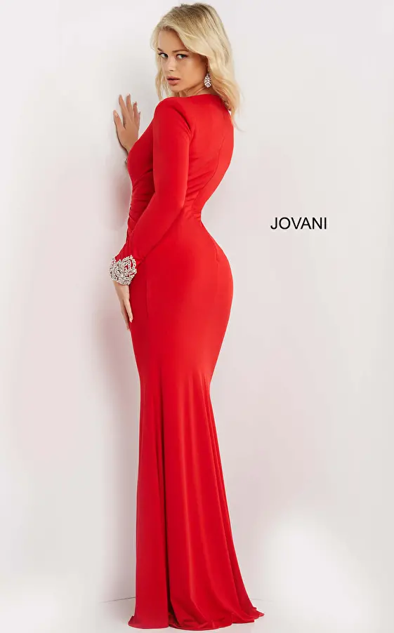 Jovani 07320 Red Plunging Neck Long Sleeve Prom Dress